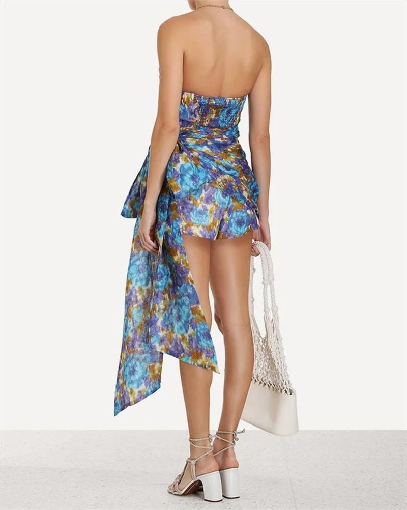 Blue Tie Dyed Floral Strapless romper