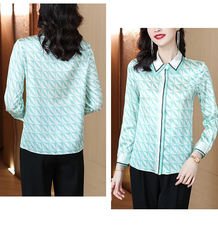 Print Blue Shirt Spring Long Sleeve Button Up Casual Tops