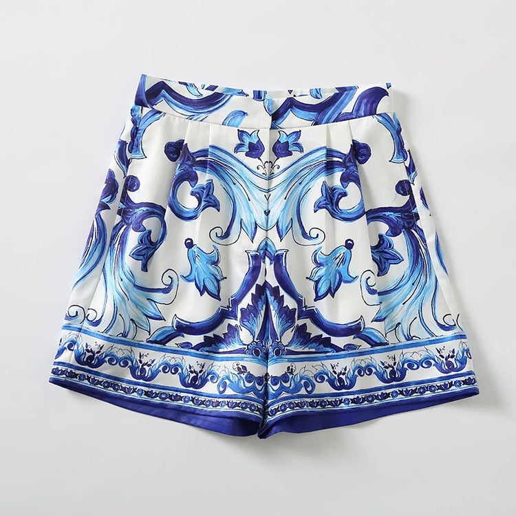 High Quality  Blue and White Porcelain Tops + Shorts Suits