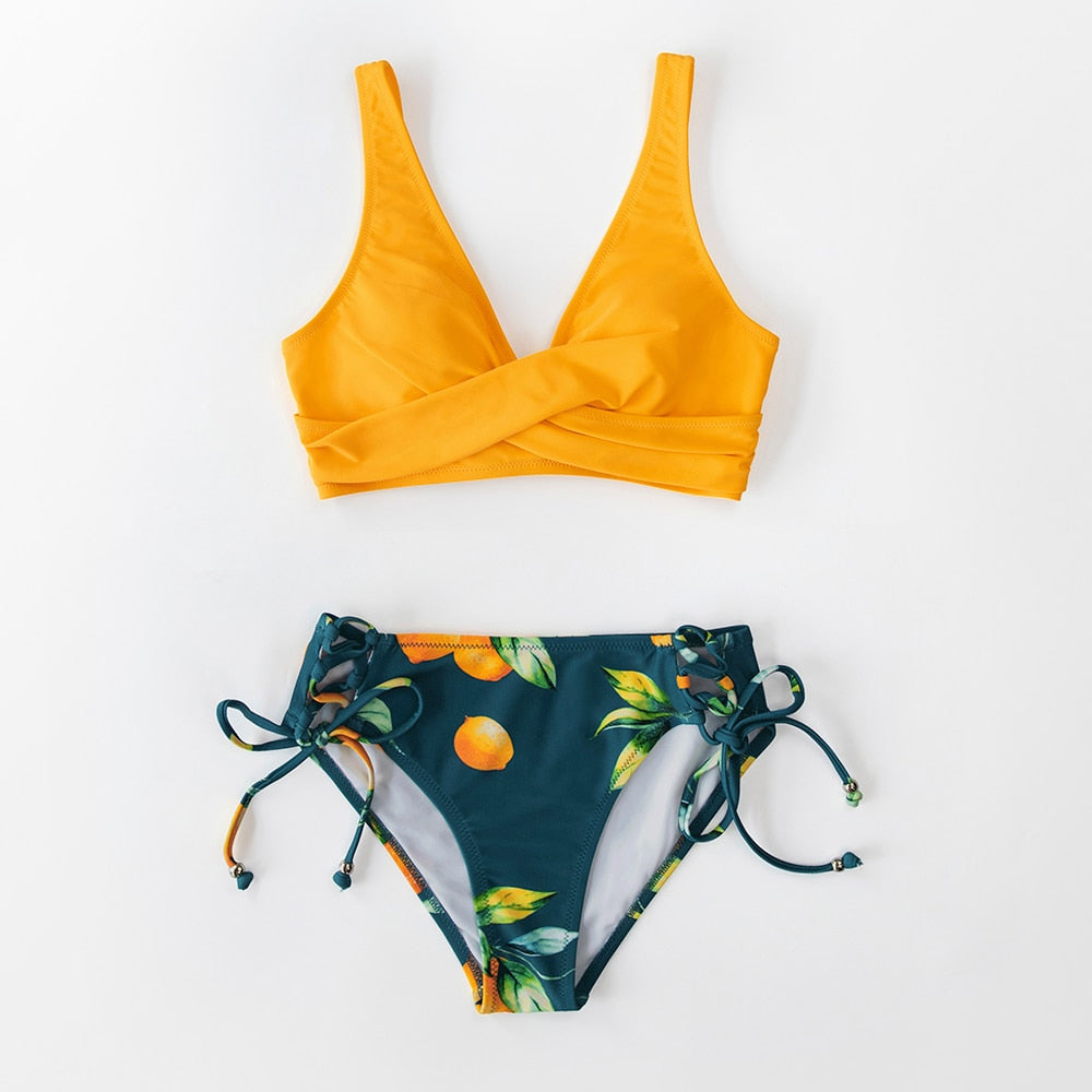 Yellow And Lemon Print Mid-Waist Bikini Sets Swimsuit