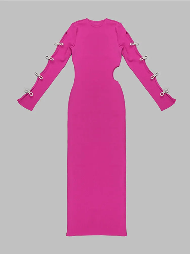 Long Sleeve Crystal Bow Tie Hot Pink Maxi