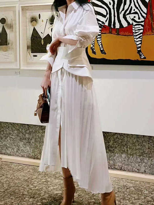 Elegant Pleated Dress  Lapel Long Sleeve High Waist Maxi Dresses