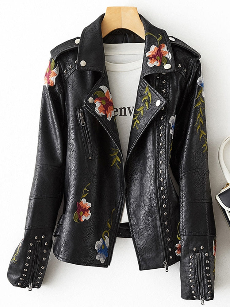 Floral Print Embroidery Faux Soft Leather Jacket Coat