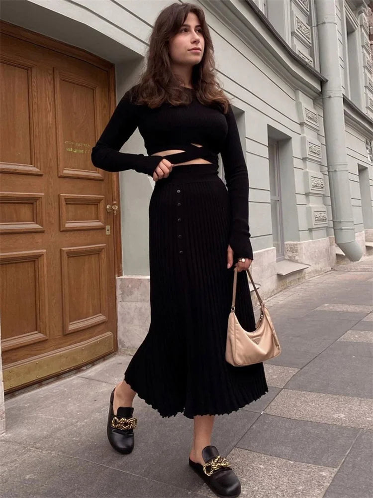 Two Piece  Sets Ribbed Crop Top And Skirt