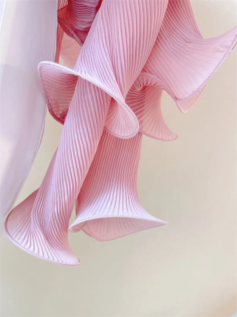 Pink Long Sleeve V Neck Ruffles Blouse