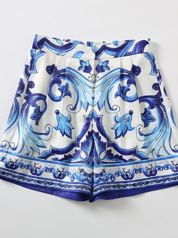 High Quality  Blue and White Porcelain Tops + Shorts Suits
