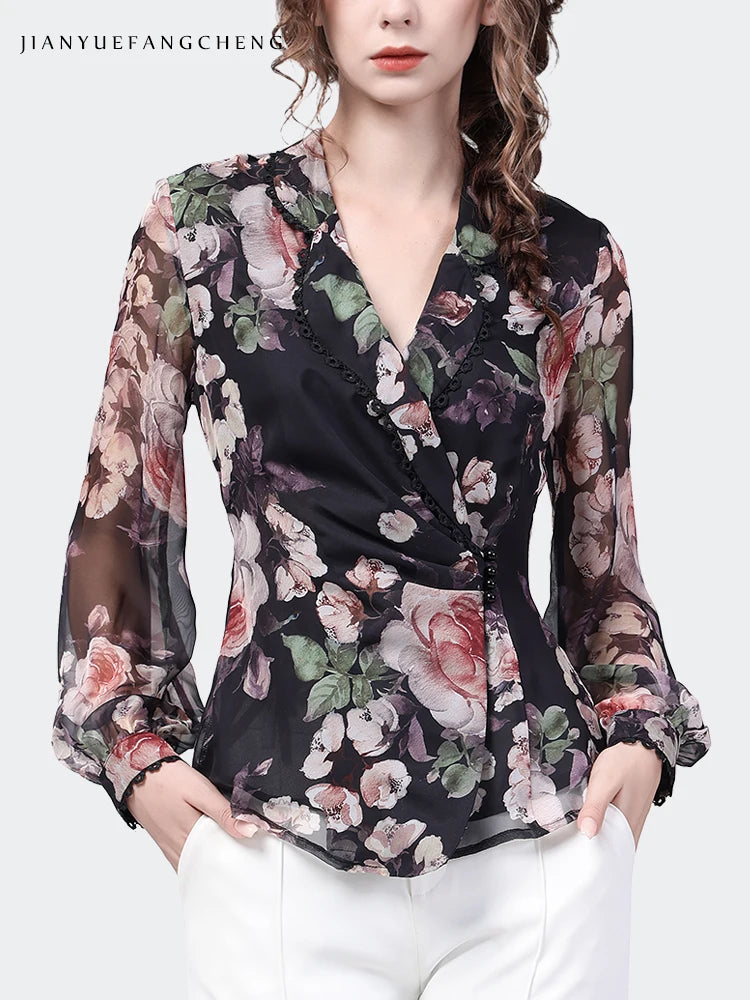 Top de gasa de manga larga Camisa ajustada con botones y estampado floral
