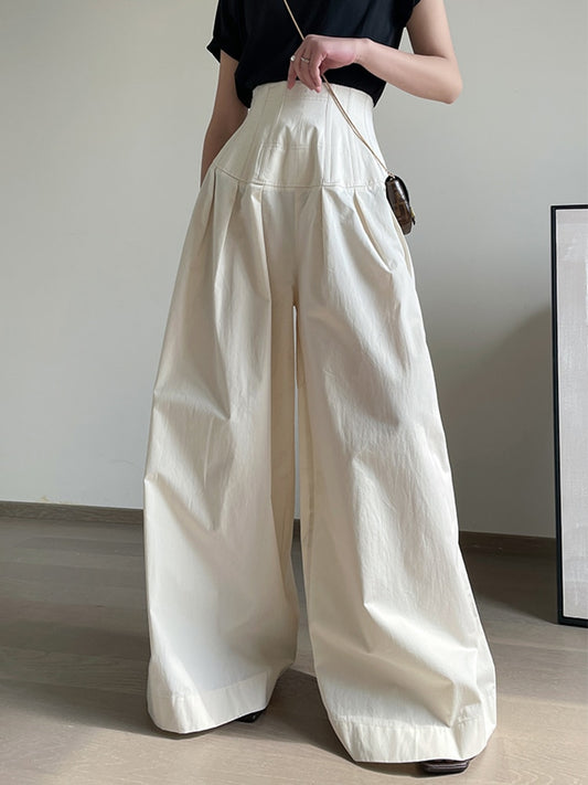 Oversize Wide Leg Pants  Gathered Waist Spliced Ruched Casual Solid Long Trousers