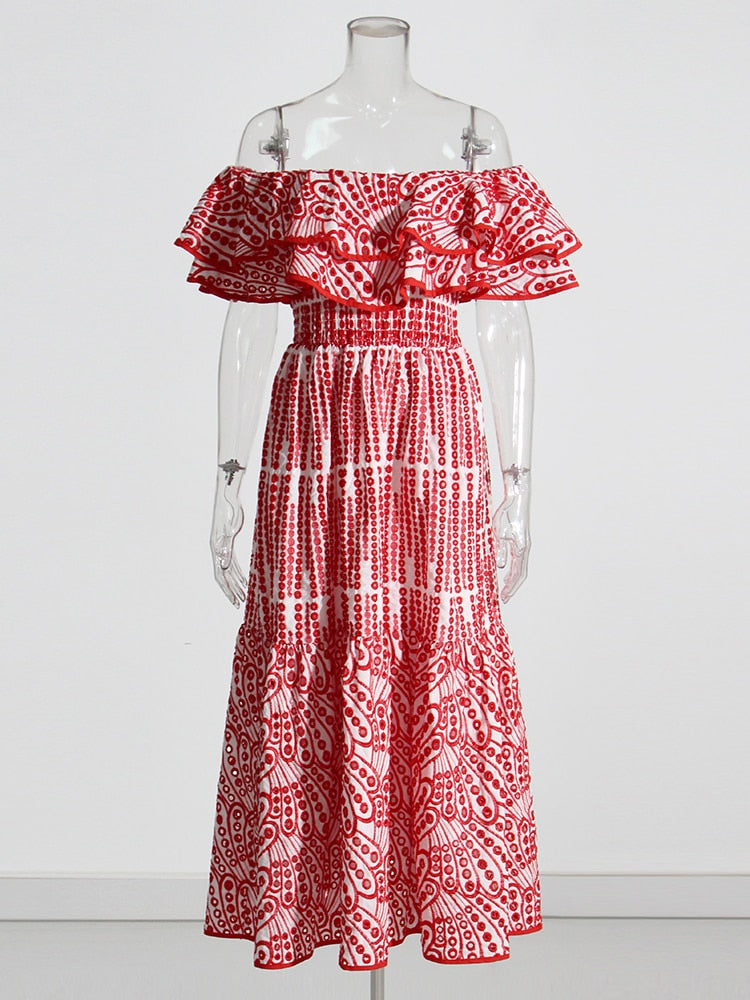 Embroidery Elegant Dress  Slash Neck Short Sleeve High Waist Cut Out Midi Dresses