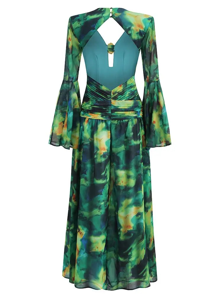 Long Sleeve Green Floral Long Chiffon Maxi Dress