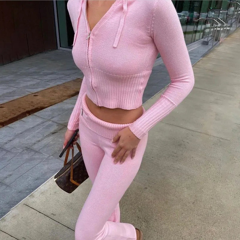 Knitted 2 Piece Sets  Tracksuit Long Sleeve Zipper Hooded Sweater Crop Top