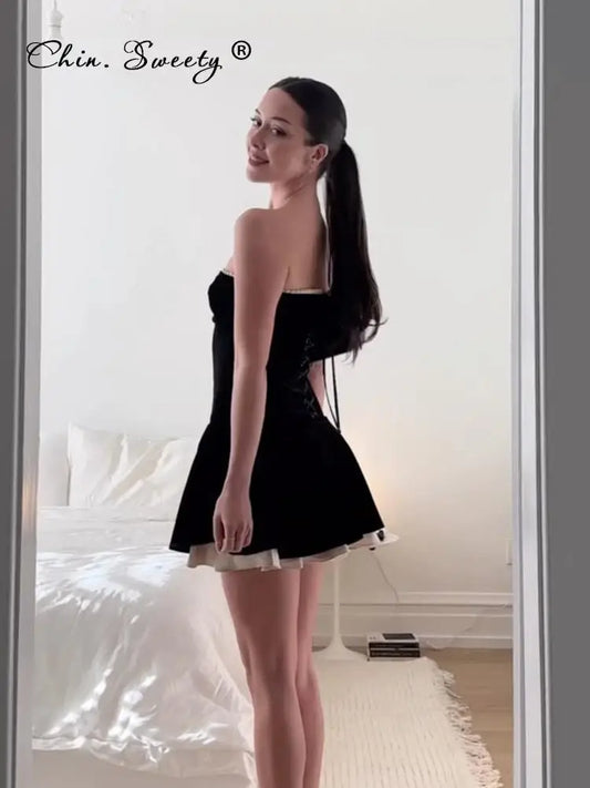 Strapless Black Backless Pleated A-Line Slim Sleeveless Dresses