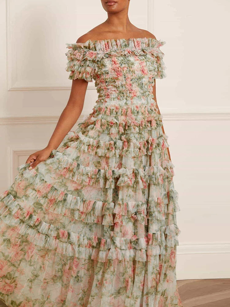 Patchwork Tiered Ruffles Printing Dresses
