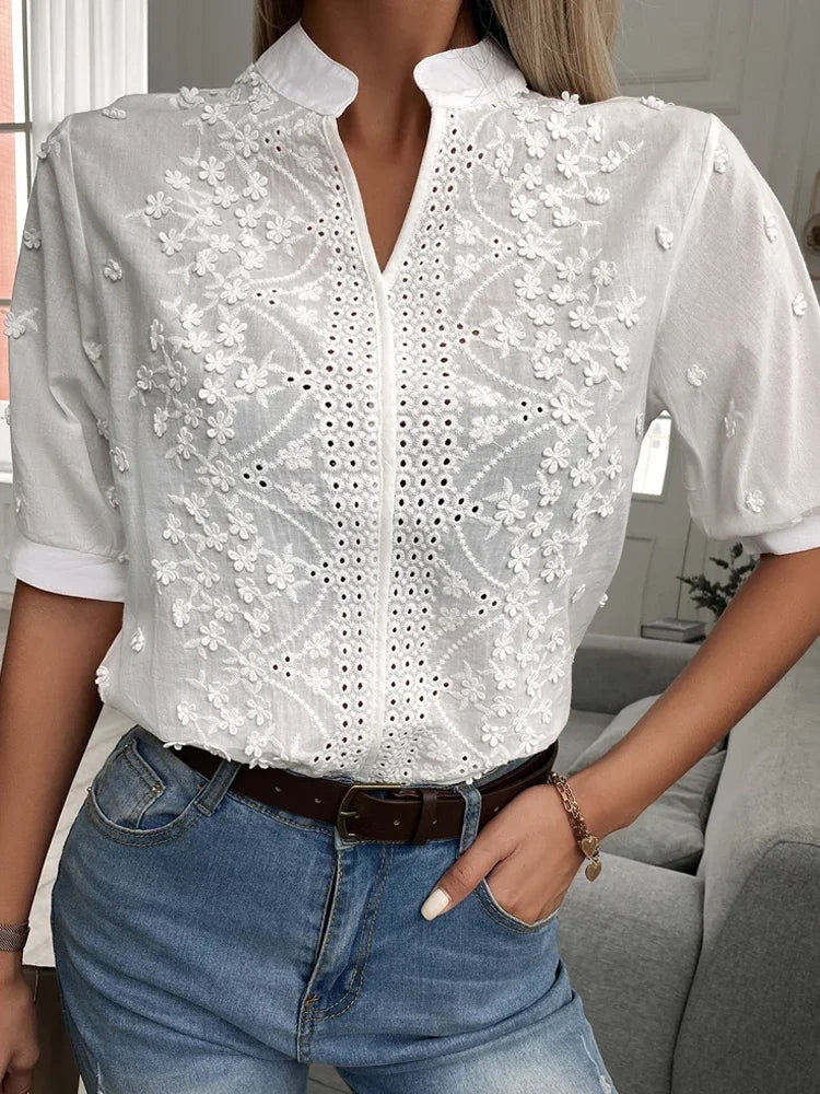 Floral Embroidery Lace Hollow-out Stand Collar V Neck Casual Shirt