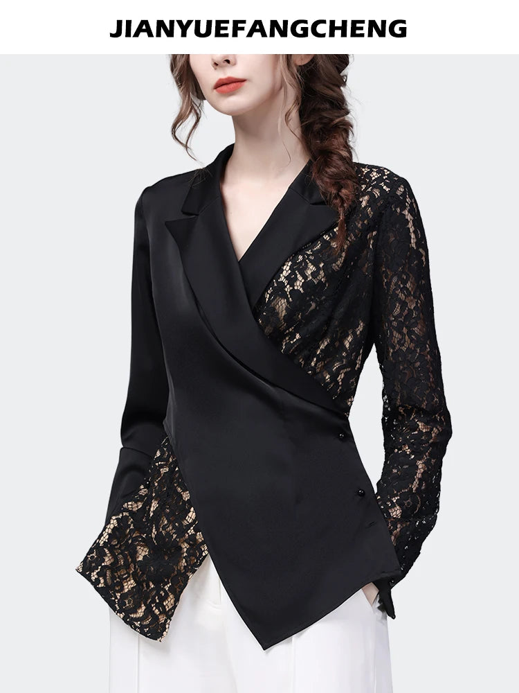 Long Sleeve Suit Collar Black Lace Satin Top