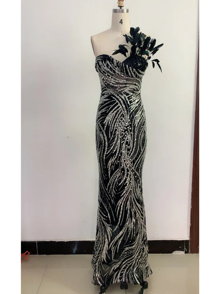 Backless Feather Sequins Black Maxi Long Gowns