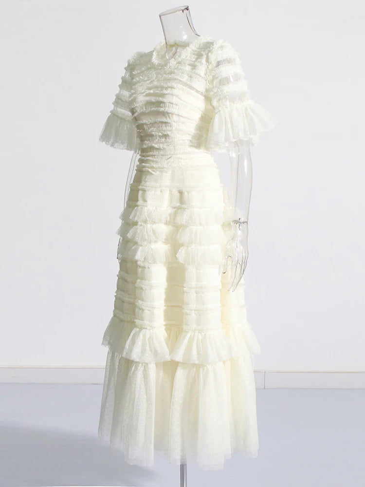 Solid Elegant Patchwork Folds Mesh Dress