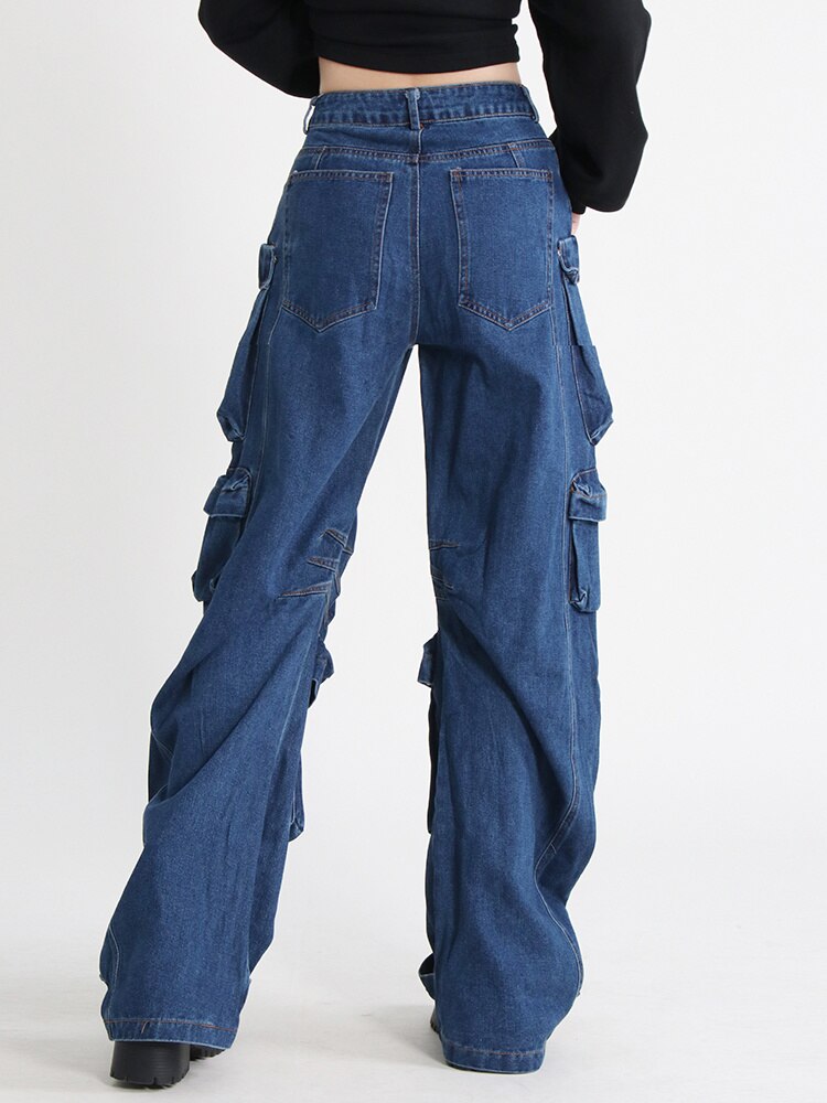 Solid Jeans  High Waist Patchwork Button Pocket Temperament Y2k Wide Leg Pant
