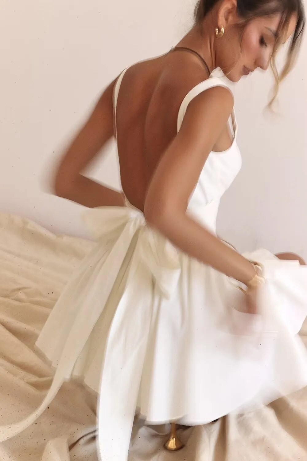 Withered French Elegant White Cotton Stitching Mini Dress