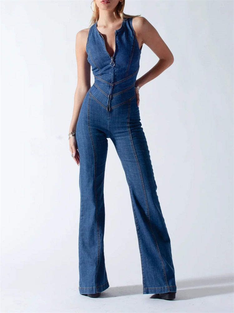 Blue Backless Heart Cutout Bodycon Jumpsuit  One-Piece Outfits Retro Denim