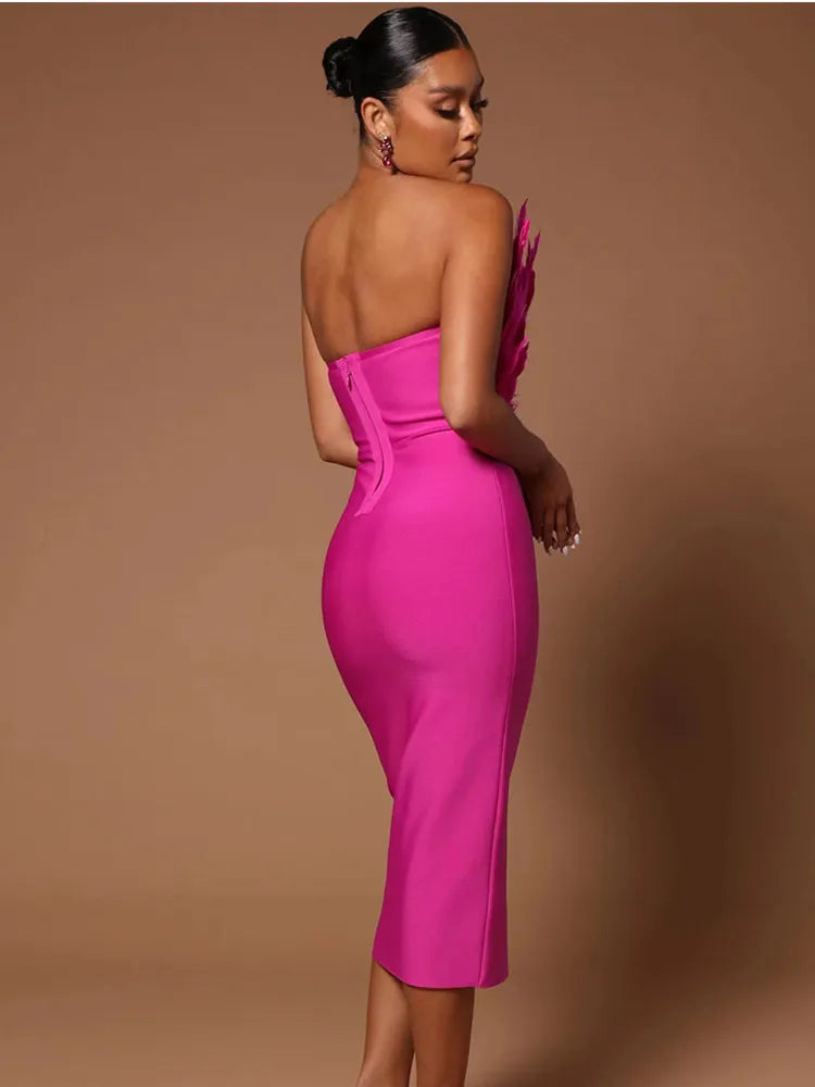 Strapless Brown Hot Pink Feathers Bodycon Bandage Dress