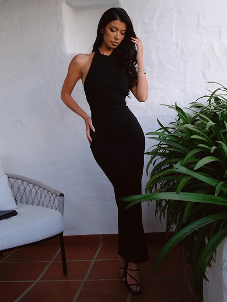 Cryptographic  Backless Halter Maxi Dress