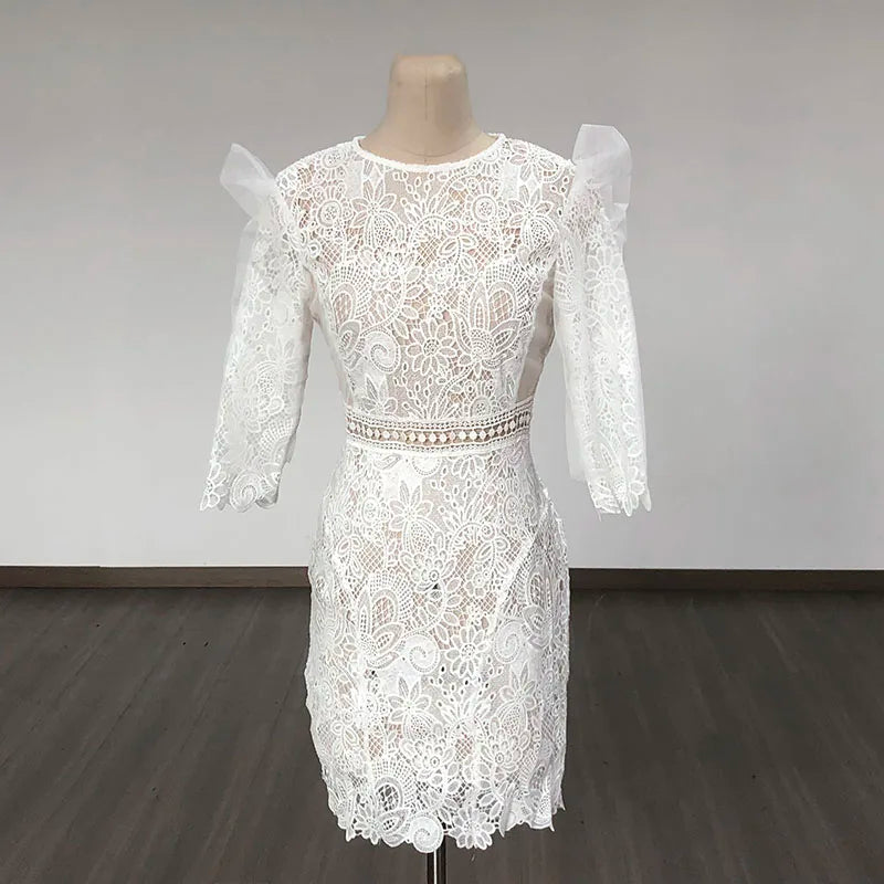 White Lace Hollow See Through Elegant Mini Dress