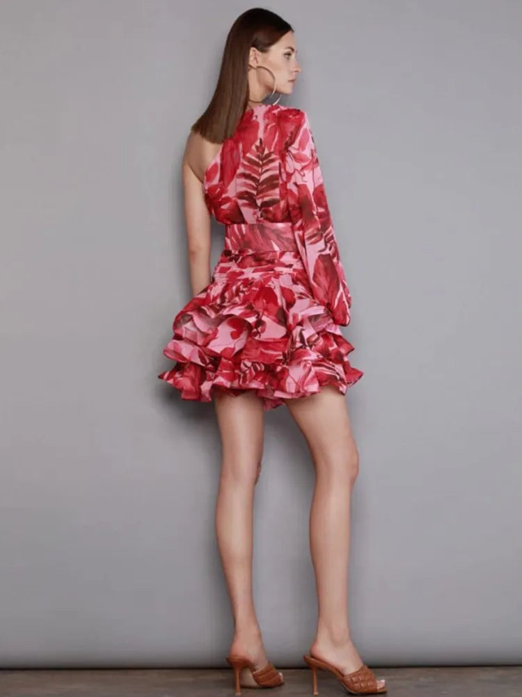 Long Sleeve One Shoulder Floral Red  Dress