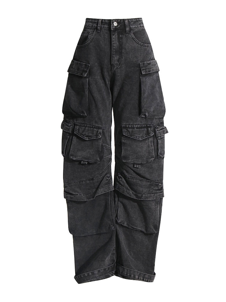 Solid Jeans  High Waist Patchwork Button Pocket Temperament Y2k Wide Leg Pant