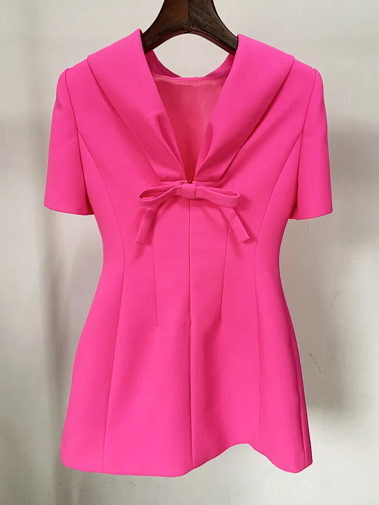 Backless Pink Short Sleeve High Waist Patchwork Bow Slim Mini Dress