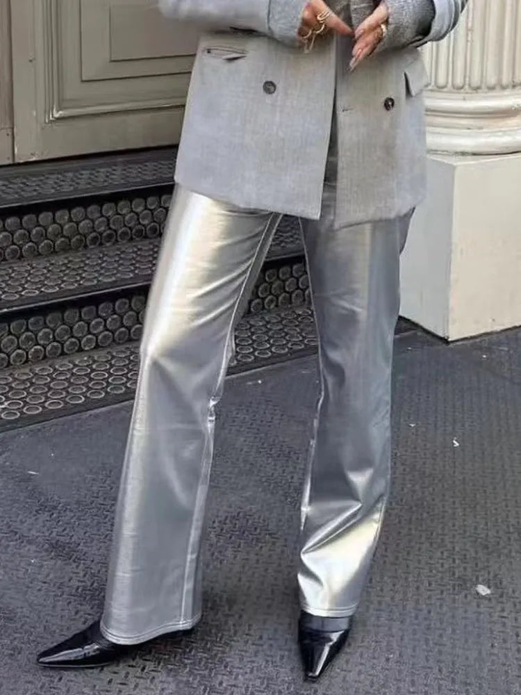 Silver High Waist Cargo Pants Vintage Pocket  Shiny Trousers