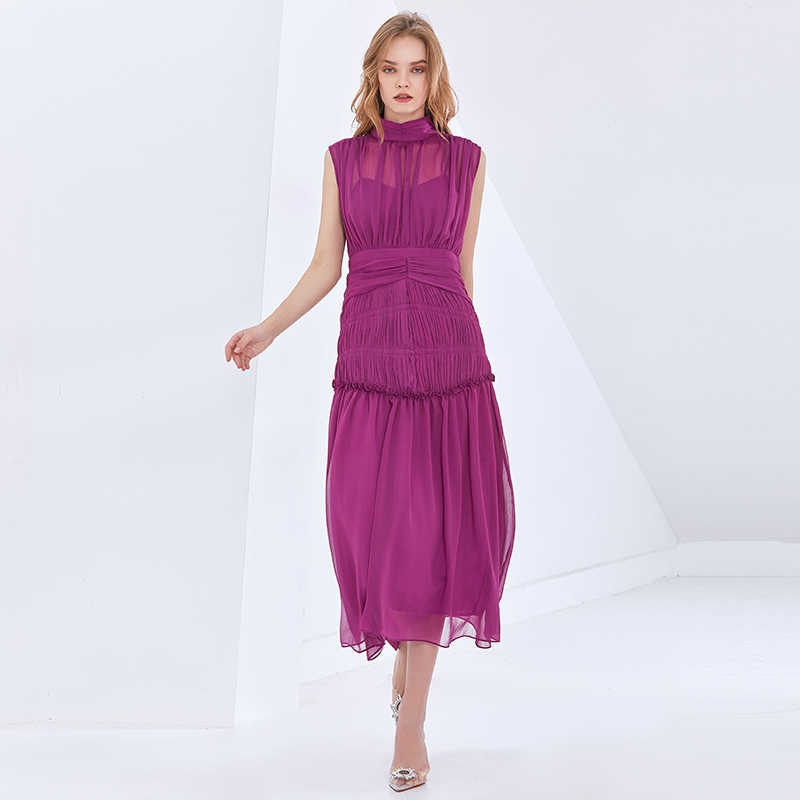 Vintage Ruched Dress Stand Collar Sleeveless High Waist Chiffon Midi Dresses
