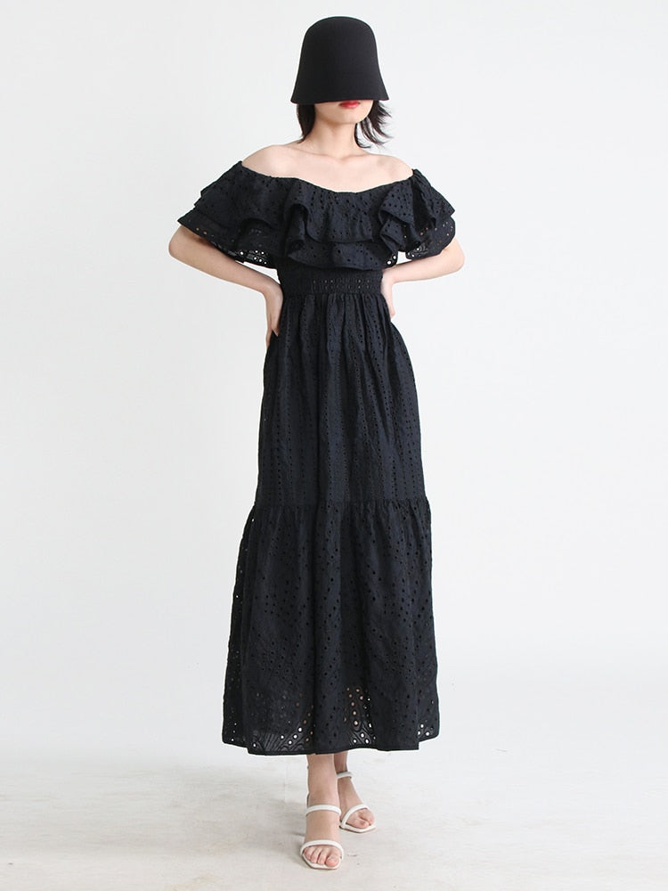 Embroidery Elegant Dress  Slash Neck Short Sleeve High Waist Cut Out Midi Dresses