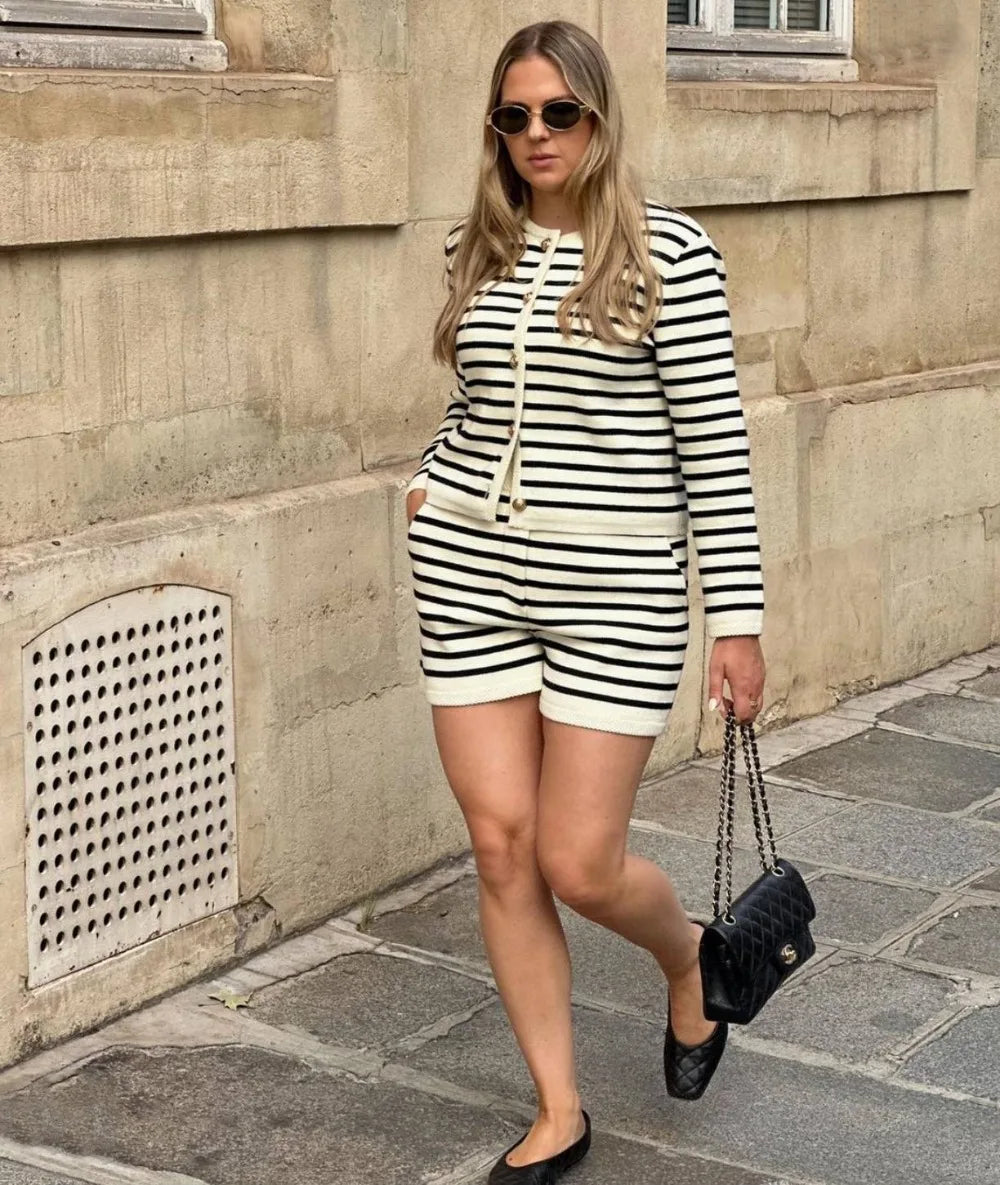 Striped Shorts Sets  Long Sleeve  Two Piece Sets