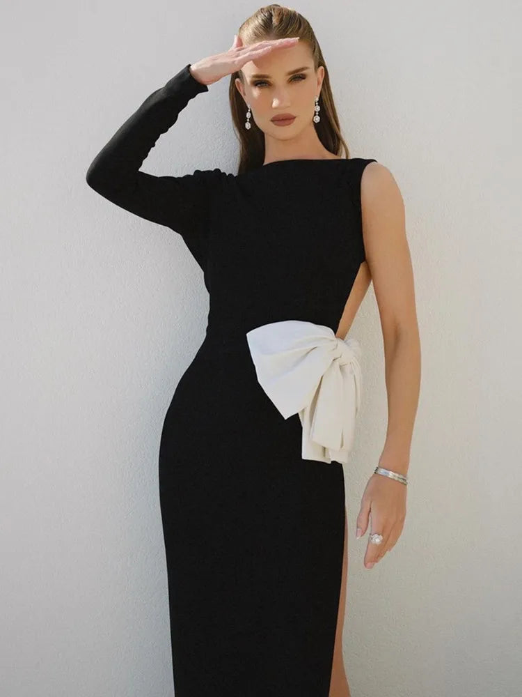 Luxury Sexy Long Sleeve Bow Tie Backless Black Maxi