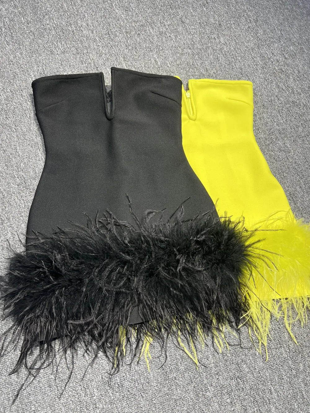 Yellow Black Color  Strapless Feathers  Mini Dress