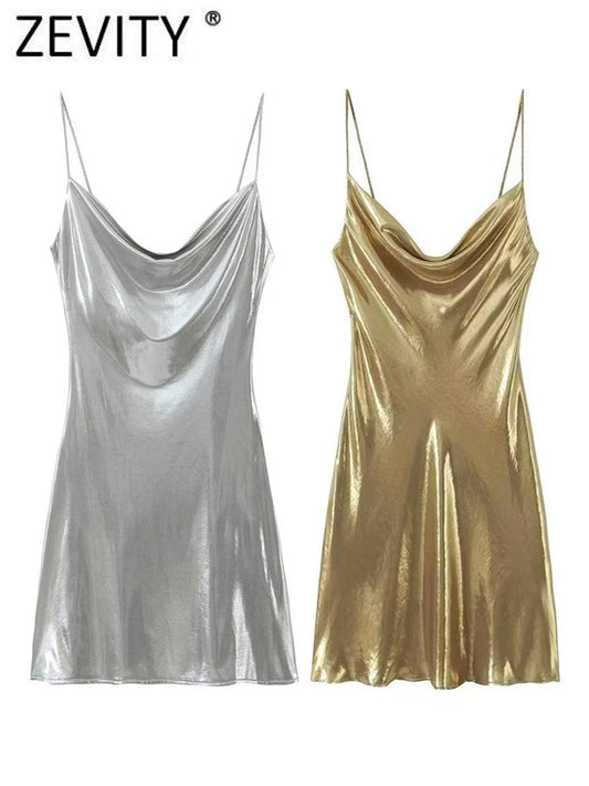 Shinning Metallic Color Sling Mini Dress