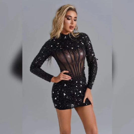 Sequined Beaded Black Long Sleeves See Through Dress