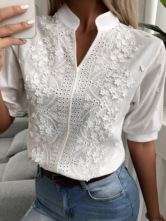 Floral Embroidery Lace Hollow-out Stand Collar V Neck Casual Shirt