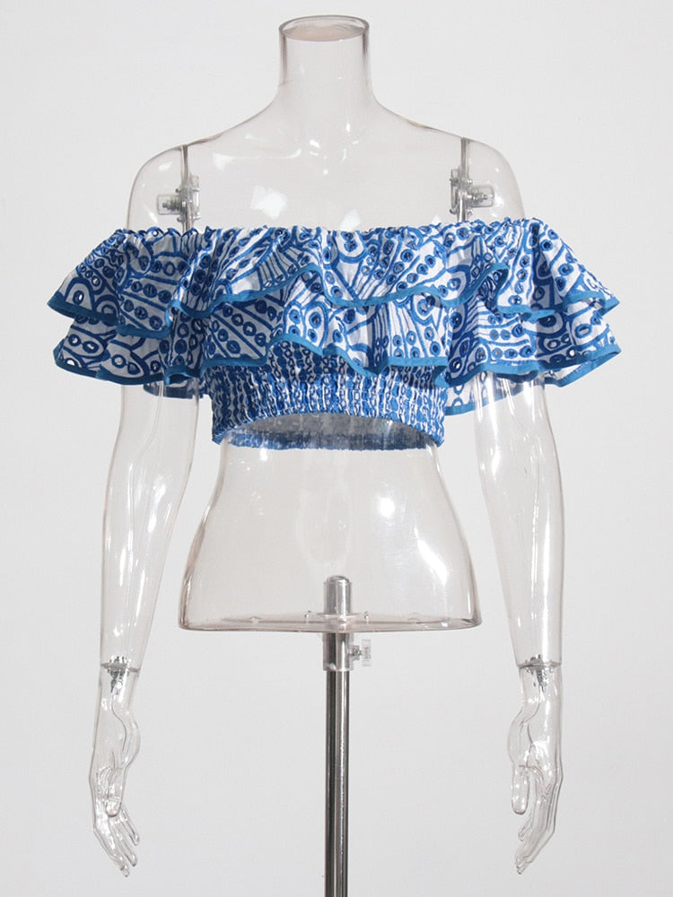 Print Two Piece Sets  Slash Neck Short Sleeve Tops High Waist Skirts Loose Set