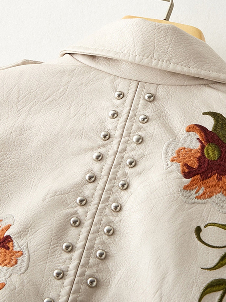 Floral Print Embroidery Faux Soft Leather Jacket Coat