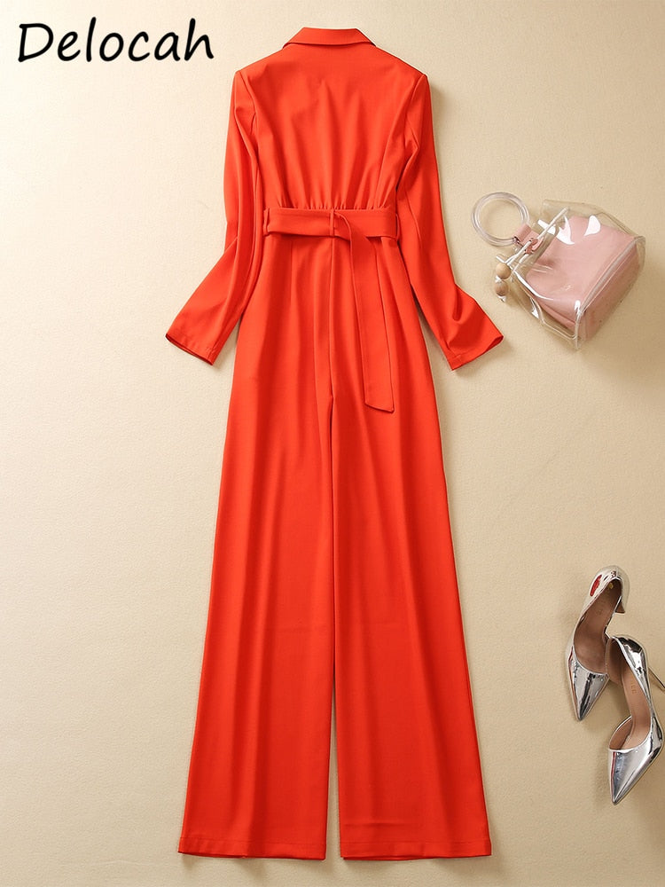 High Quality  Bodysuit Long Sleeve High Waist With Belt Solid Color Wide Leg Trousers jumpsuit