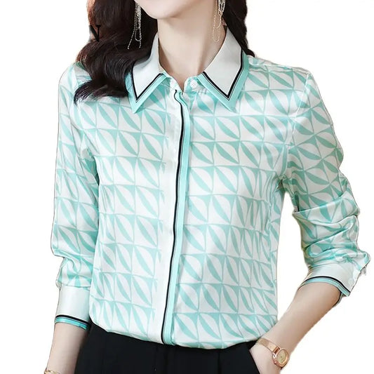 Print Blue Shirt Spring Long Sleeve Button Up Casual Tops