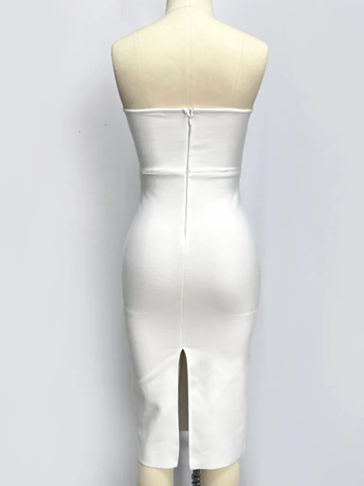 Strapless Backless Flower White Midi Bodycon Bandage Dress