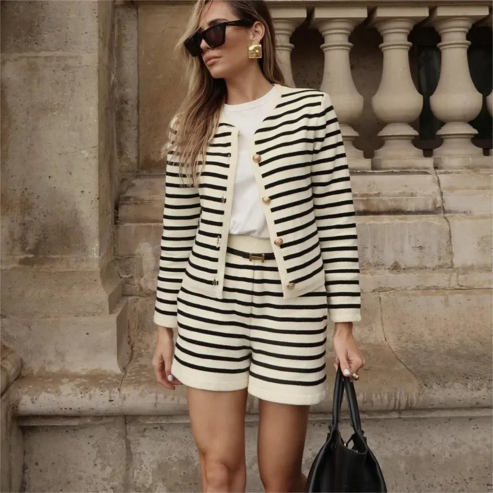 Striped Shorts Sets  Long Sleeve  Two Piece Sets
