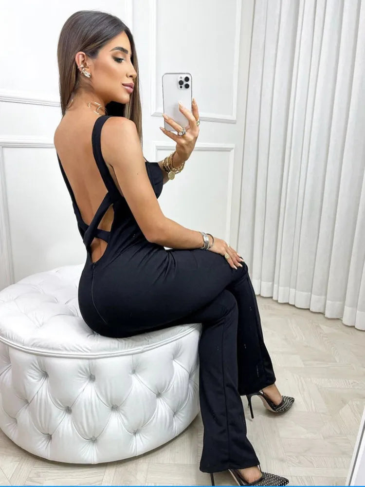 Criss Cross Backless Black Bodycon Flare Bandage Jumpsuit