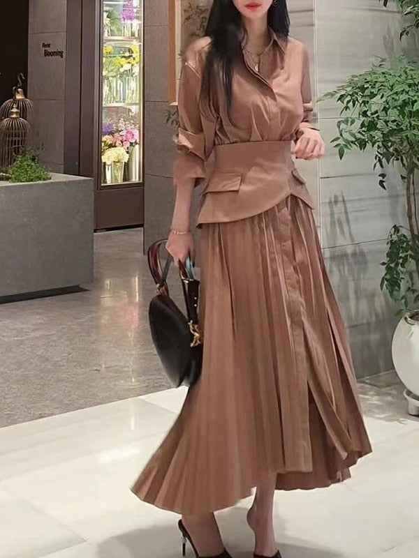 Elegant Pleated Dress  Lapel Long Sleeve High Waist Maxi Dresses
