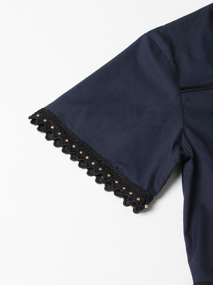 Solid  Two Piece Sets  Lapel Short Sleeve Tops High Waist A Line Skirt Slim Set