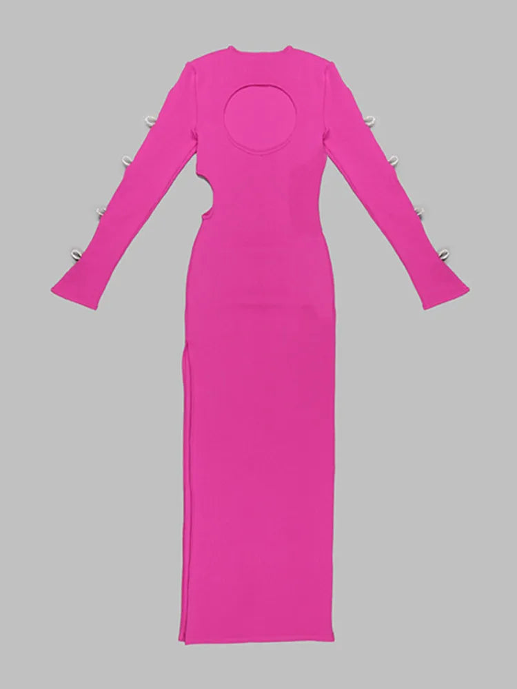 Long Sleeve Crystal Bow Tie Hot Pink Maxi