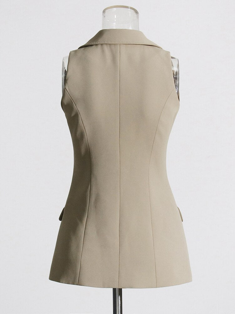 Solid Three Piece Sets  Notched Collar Sleeveless Tops Long Sleeve Blazer High Waist Pant Slim Set